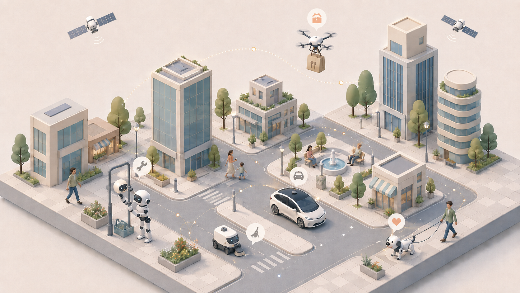Illustration of spatial agents: robots, drones, and autonomous vehicles perceiving and acting in a city environment